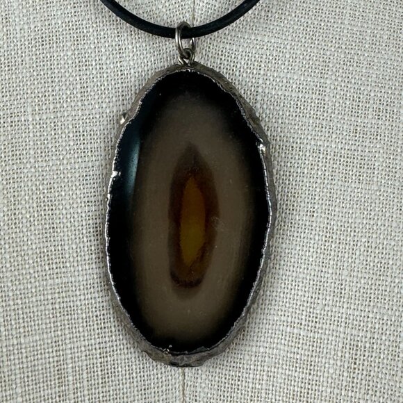 Natural Agate Slice Pendant Necklace Black Cord 18" Lobster Clasp Artisan - Picture 2 of 10